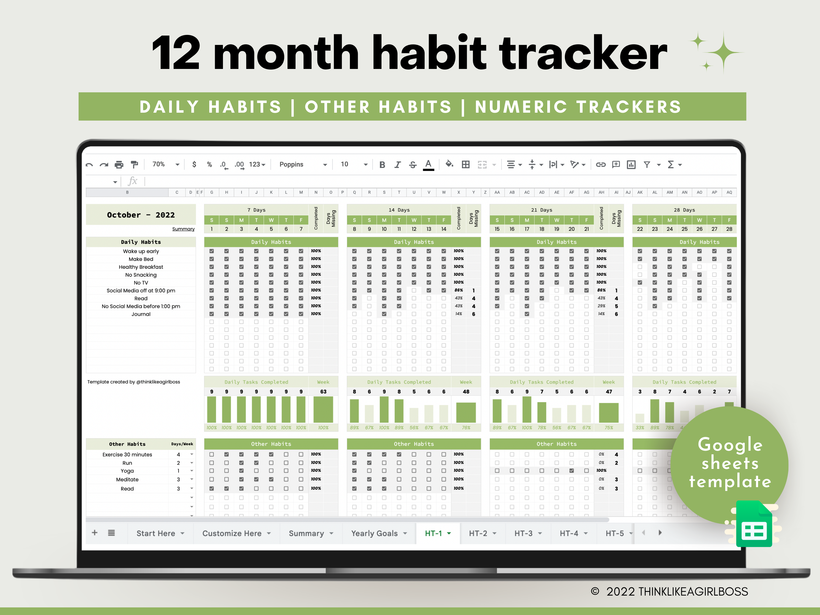 Habit Tracker - 12 Months - V2 Green – Think Like A Girl Boss