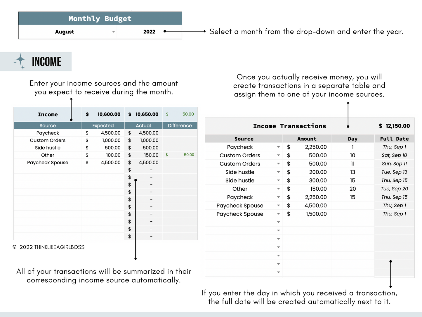 Monthly Budget Spreadsheet - V2 - Blue