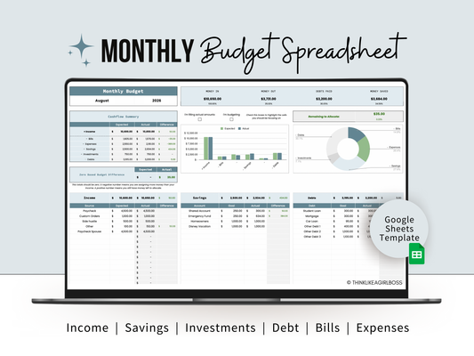 Monthly Budget Spreadsheet - V2 - Blue