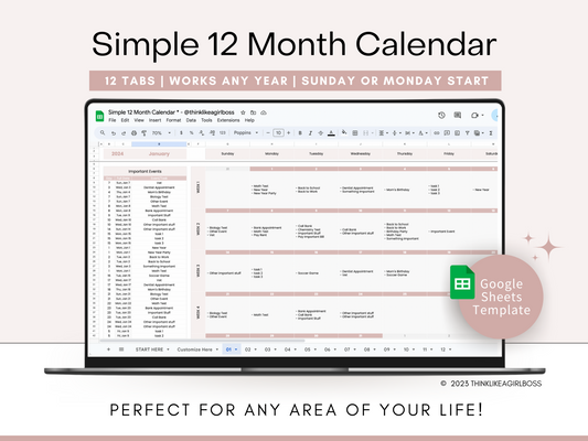 Simple 12 Month Calendar - V1 Pink