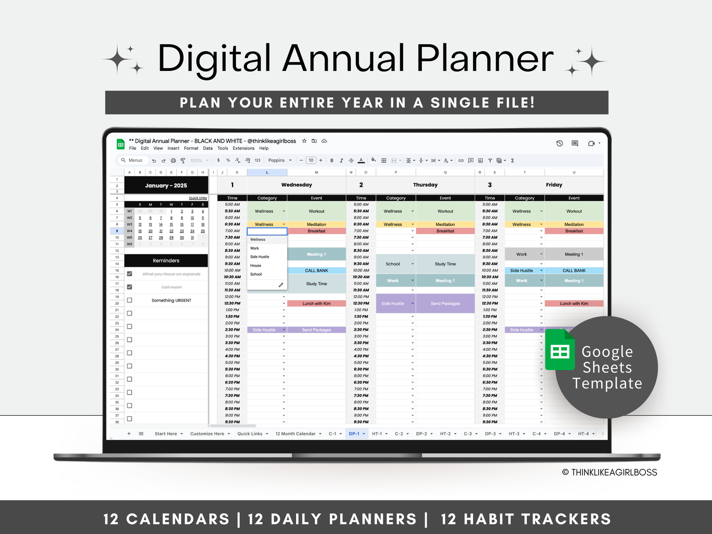 Digital Annual Planner - V1 Black and White