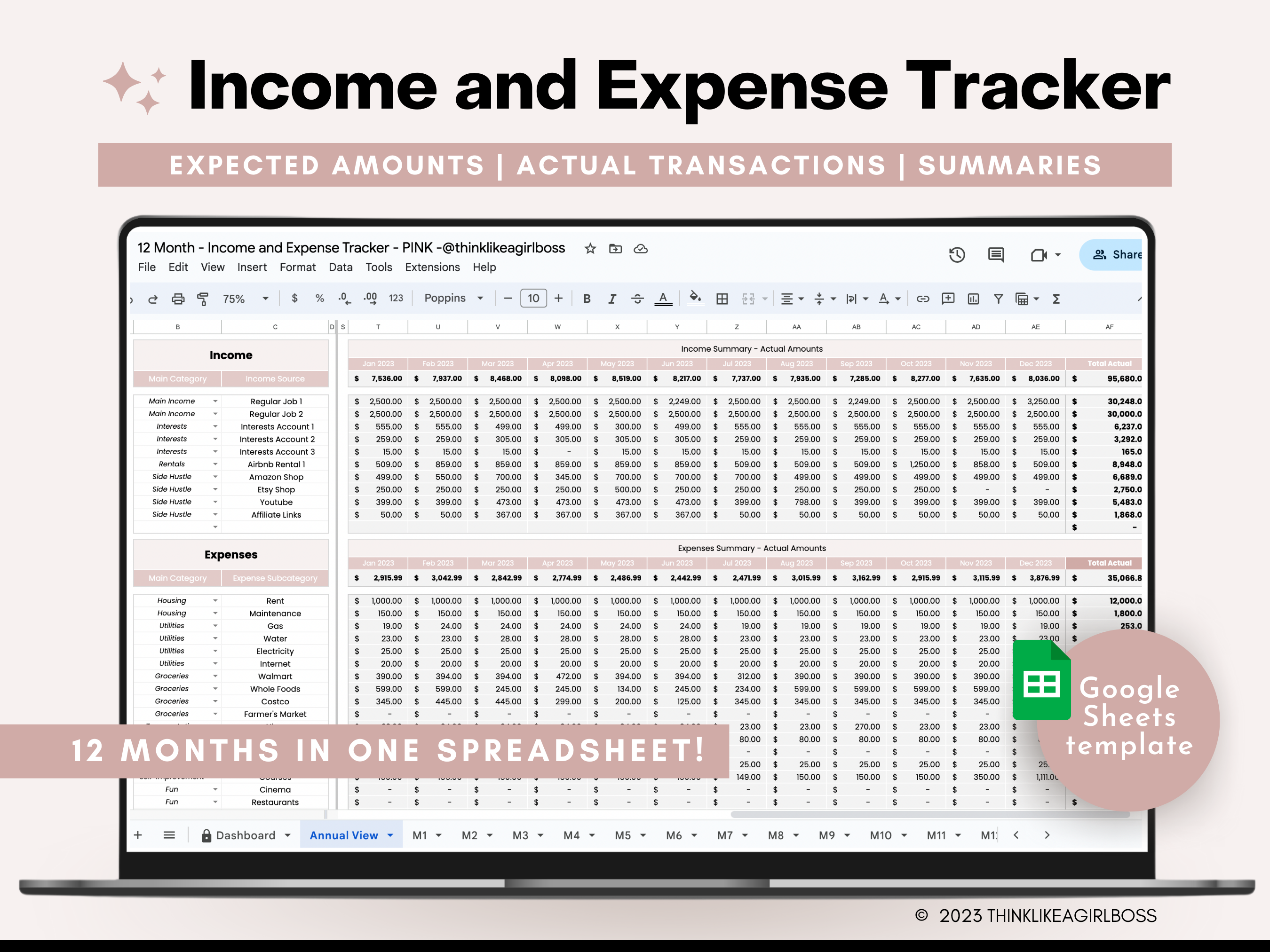 12 Month Income and Expense Tracker - Pink - V1 – Think Like A Girl Boss