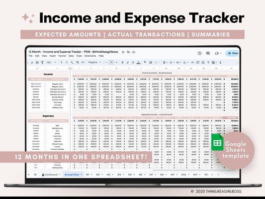 12 Month Income and Expense Tracker - Pink - V1