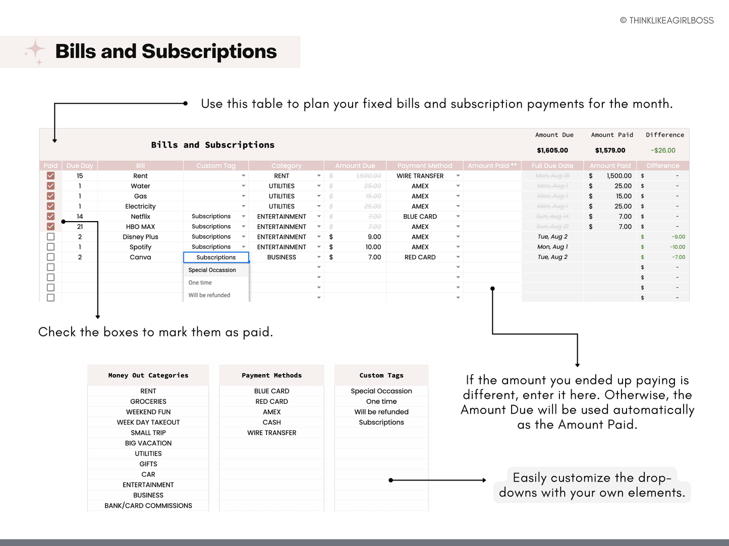 Monthly Budget Spreadsheet - V2 Pink