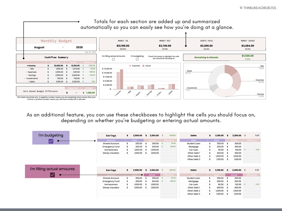 Monthly Budget Spreadsheet - V2 Pink – Think Like A Girl Boss