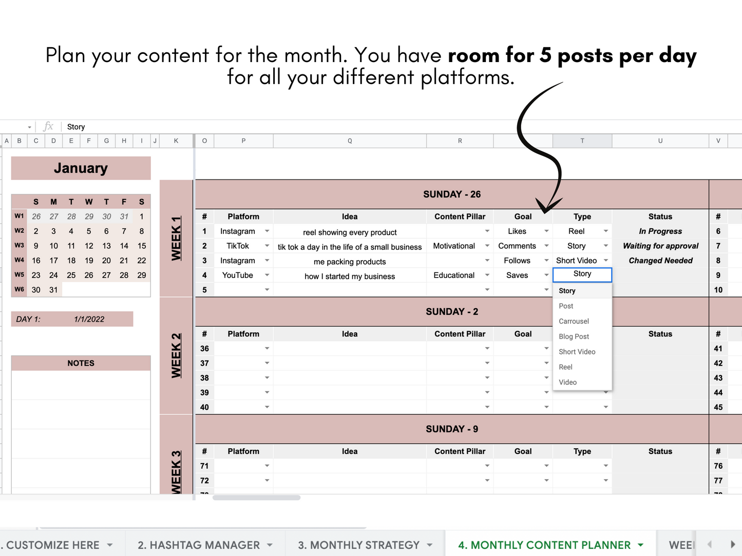Monthly Social Media Content Planner - Pink