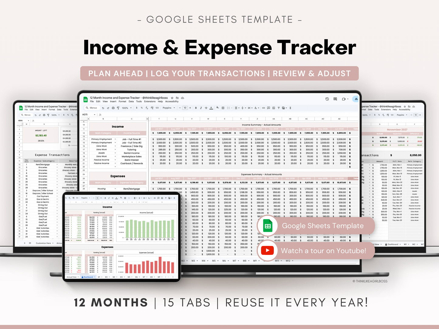 12 Month Income and Expense Tracker - Pink - V1
