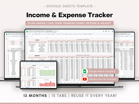 12 Month Income and Expense Tracker - Pink - V1