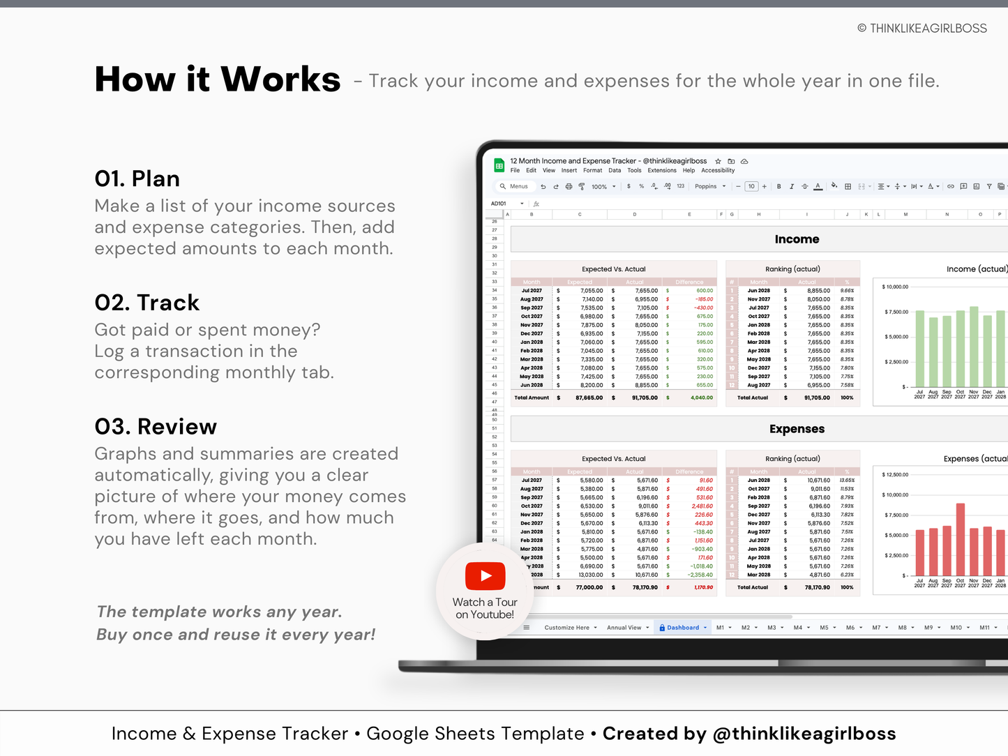12 Month Income and Expense Tracker - Pink - V1