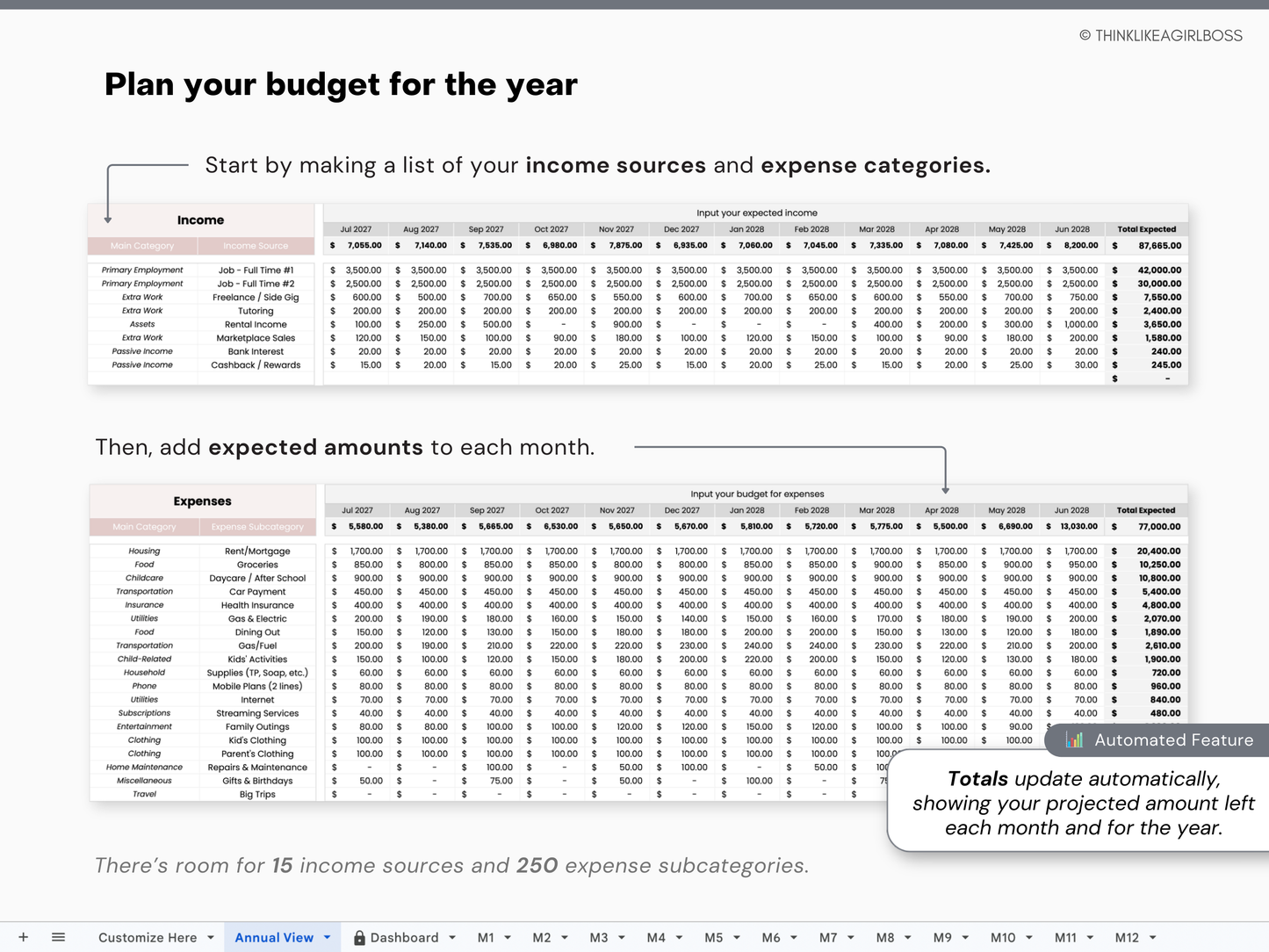 12 Month Income and Expense Tracker - Pink - V1