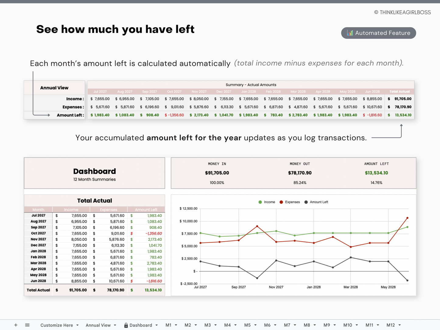 12 Month Income and Expense Tracker - Pink - V1