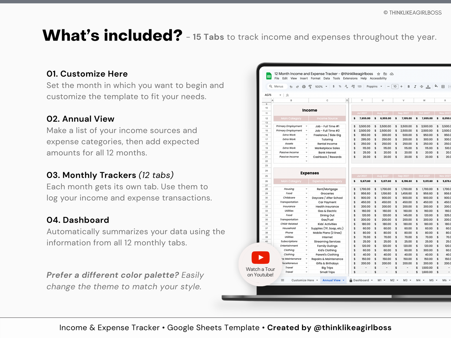 12 Month Income and Expense Tracker - Pink - V1