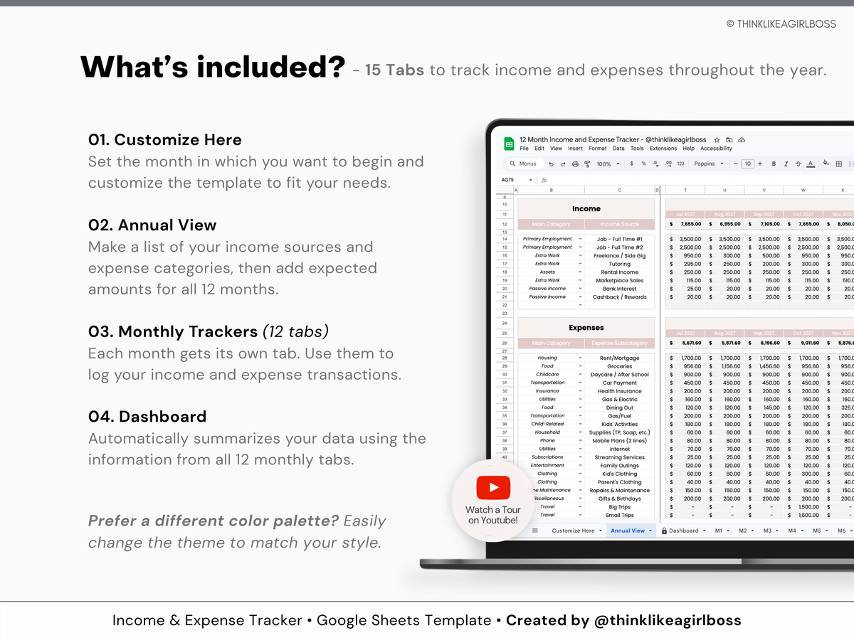12 Month Income and Expense Tracker - Pink - V1 – Think Like A Girl Boss