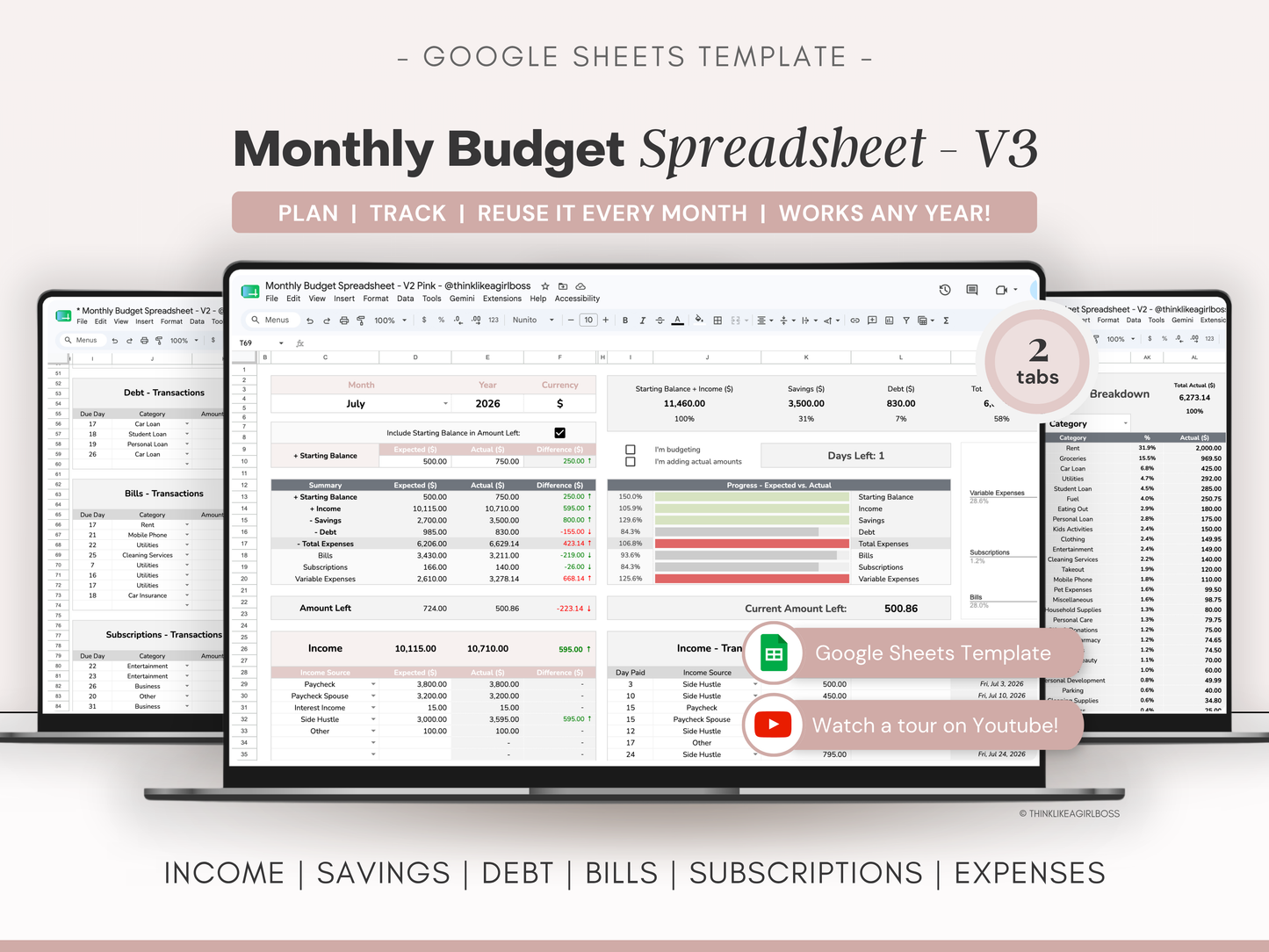 Monthly Budget Spreadsheet - V3 Pink