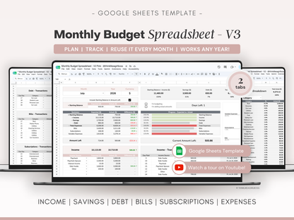 Monthly Budget Spreadsheet - V3 Pink