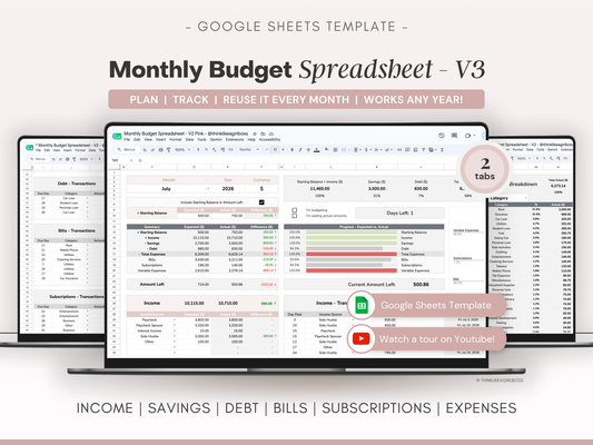 Monthly Budget Spreadsheet - V3 Pink