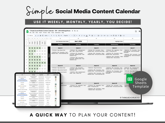 Simple Social Media Content Calendar - V1 Black & White