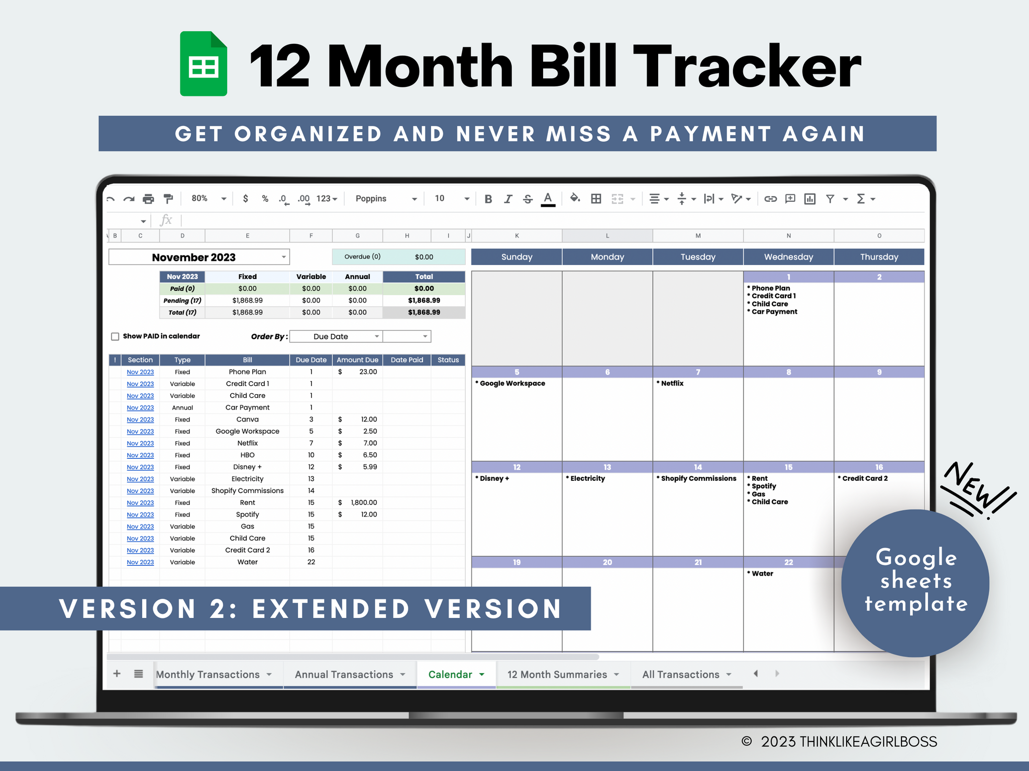 12 Month Bill Tracker & Calendar V2 Think Like A Girl Boss
