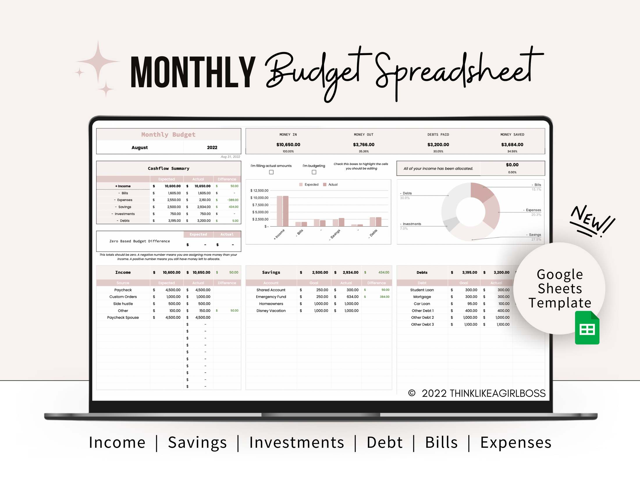 Monthly Budget Spreadsheet - V2 Pink – Think Like A Girl Boss